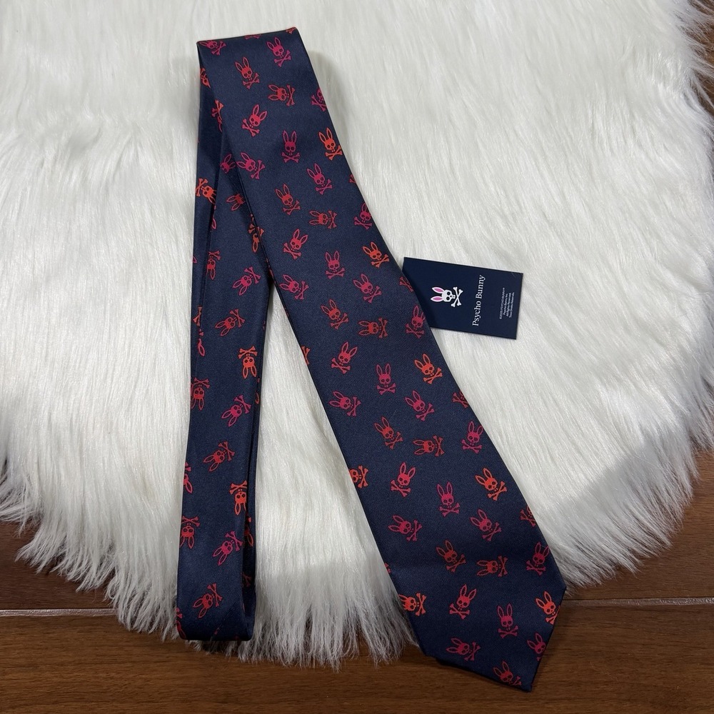Psycho Bunny Men's Multicolor Blue Red Skull Bunny Logo 100% Silk Necktie Tie